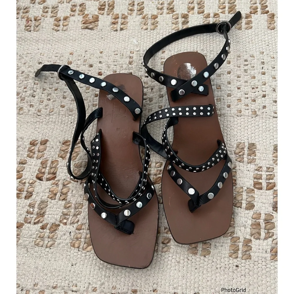 Zara Black Studded Ankle Wrap Sandals Size 38 / 7 or 7.5_2